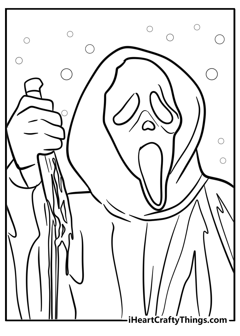 Ghostface holding a bloody knife detailed coloring sheet