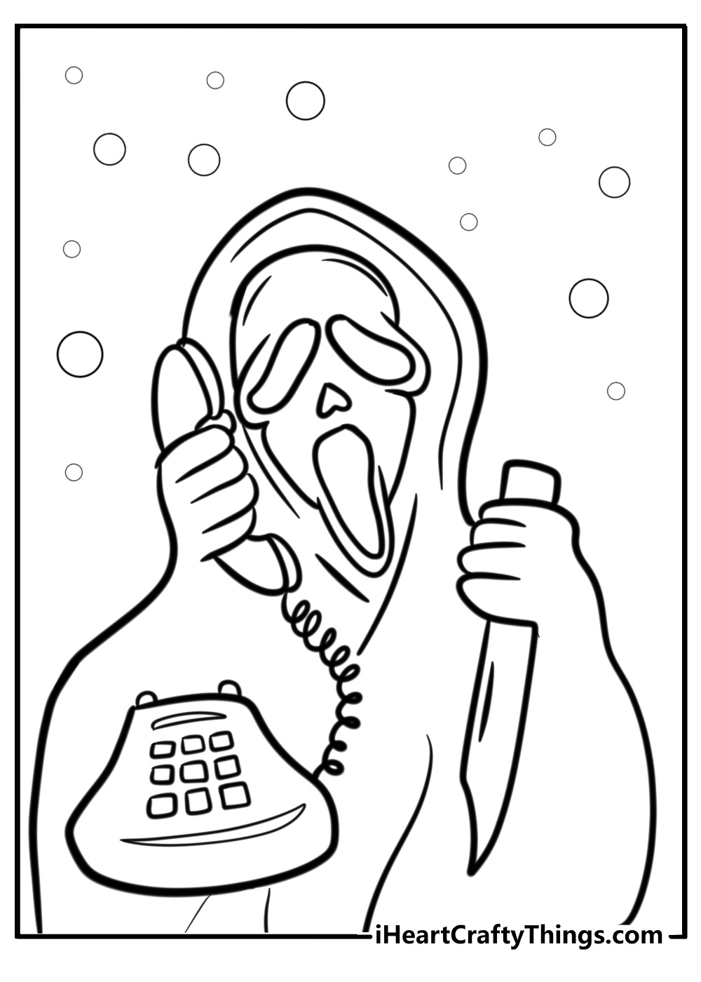 Ghostface holding a phone fun printable coloring sheet