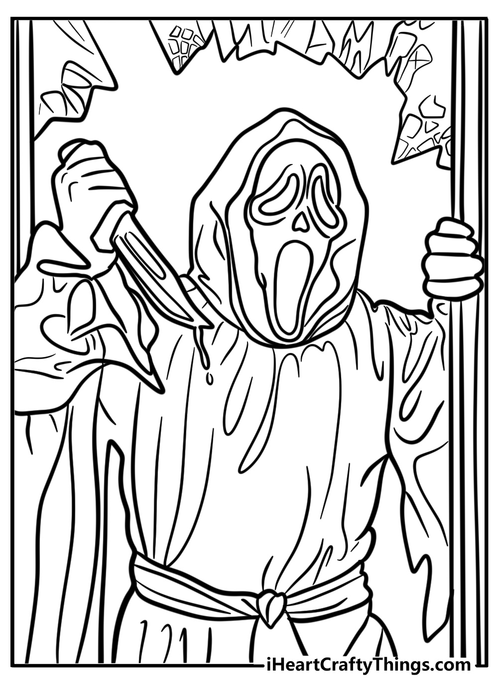 Ghostface in a horror scene printable coloring page