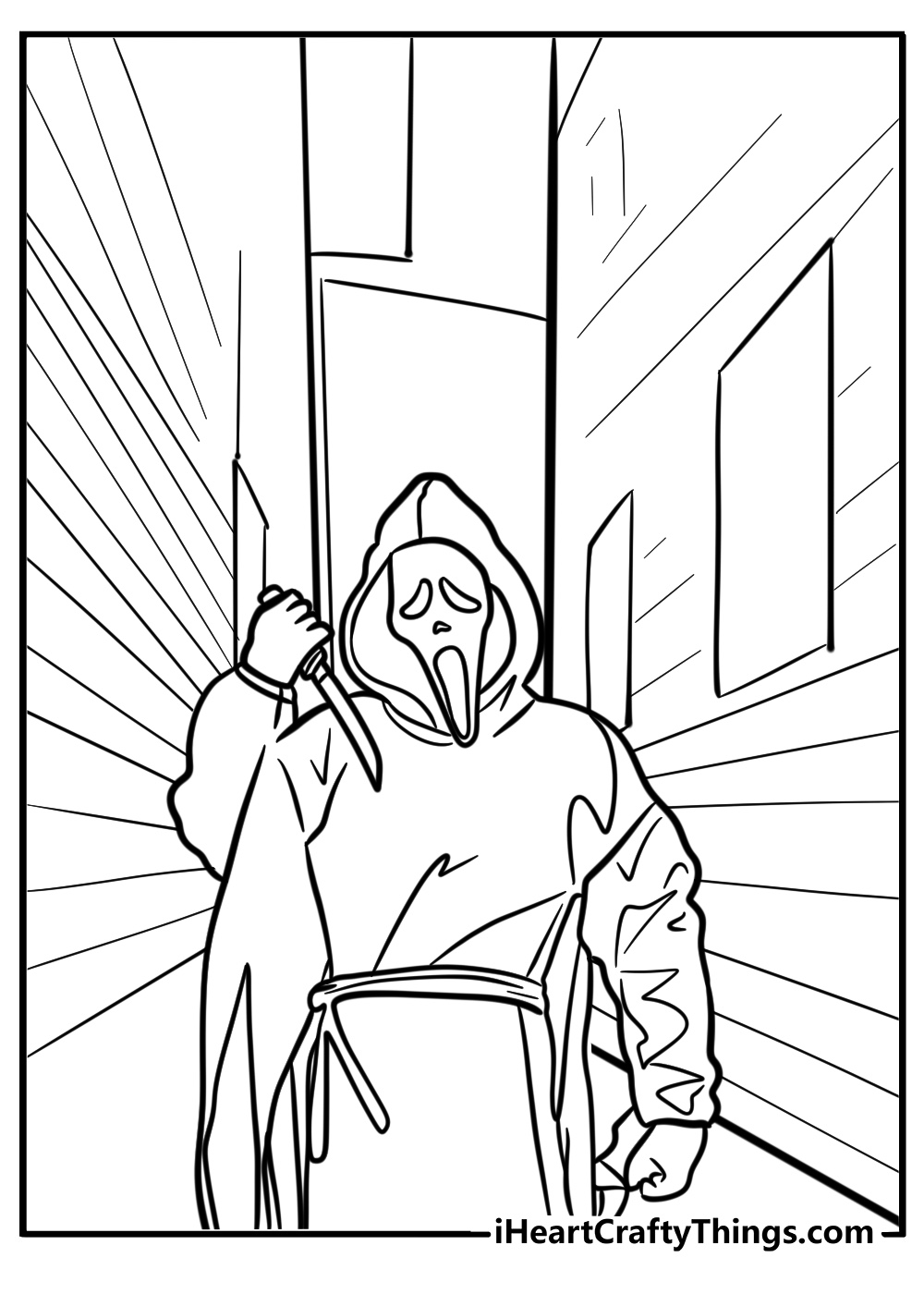 Ghostface in a spooky alley fun coloring sheet