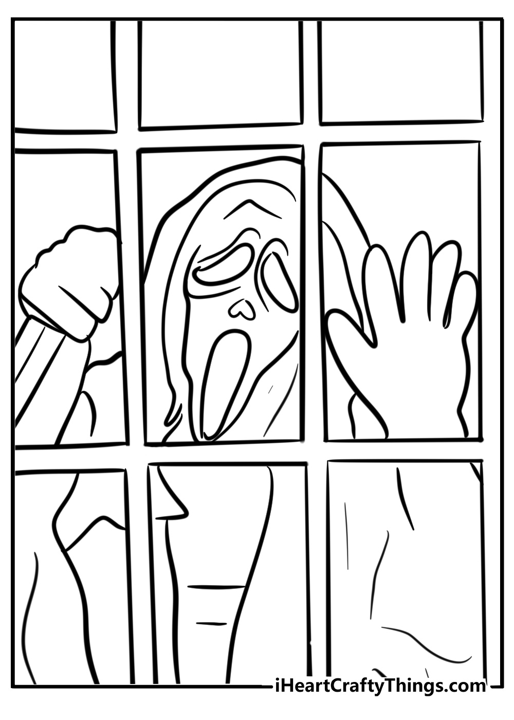 Ghostface peeking through a window fun coloring sheet