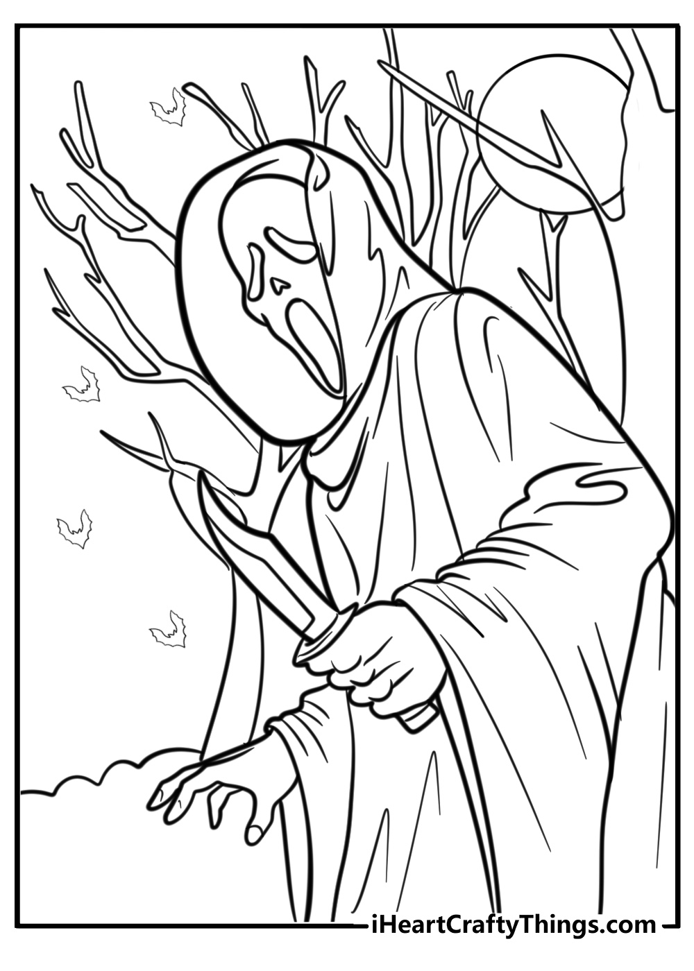 Ghostface with eerie background fun coloring sheet