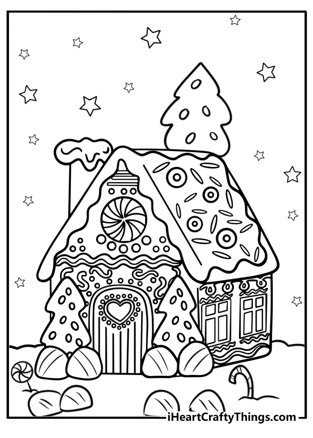 Gingerbread house and christmas tree free printable coloring page