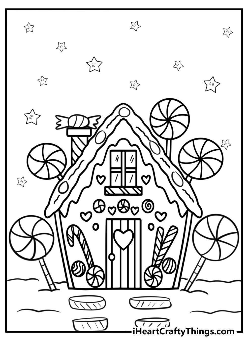 Gingerbread house covered in sweets coloring page for kids