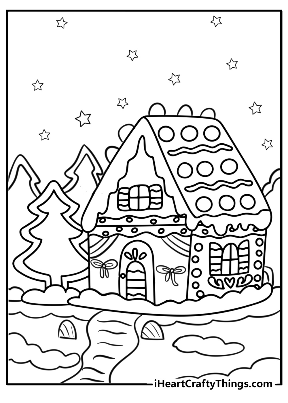 Gingerbread house decorated for christmas coloring sheet