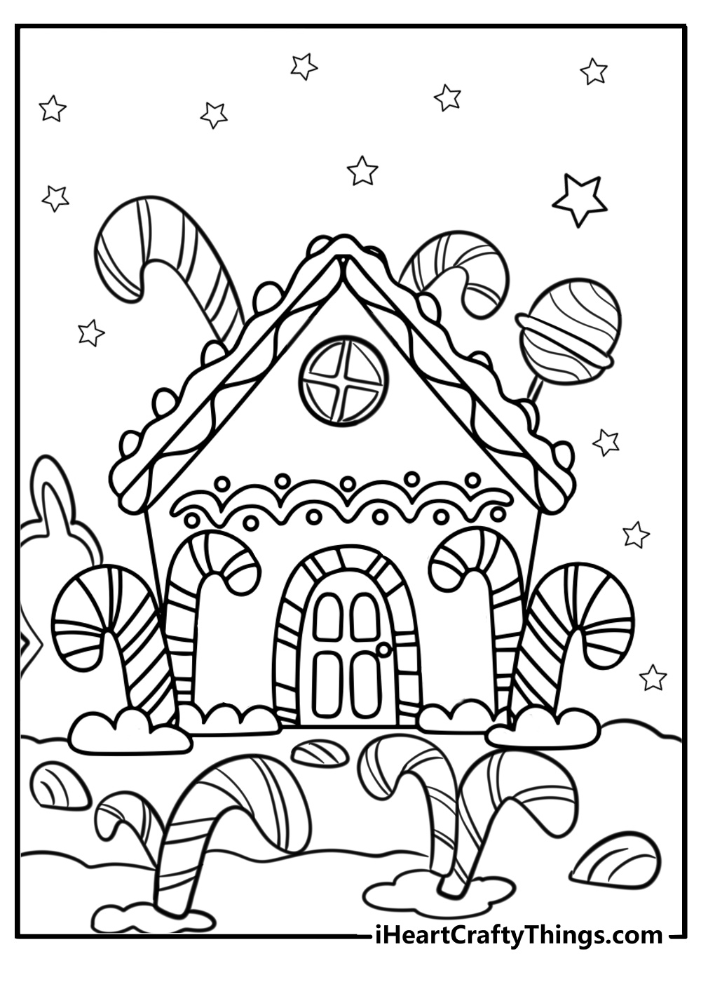 Gingerbread house surrounded by candy canes fun coloring sheet