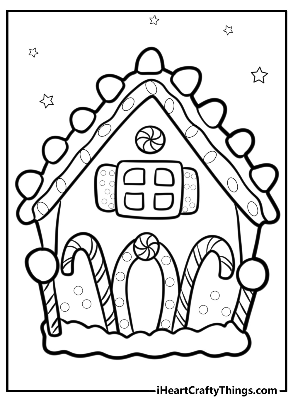 Gingerbread house with candy canes at the door coloring page