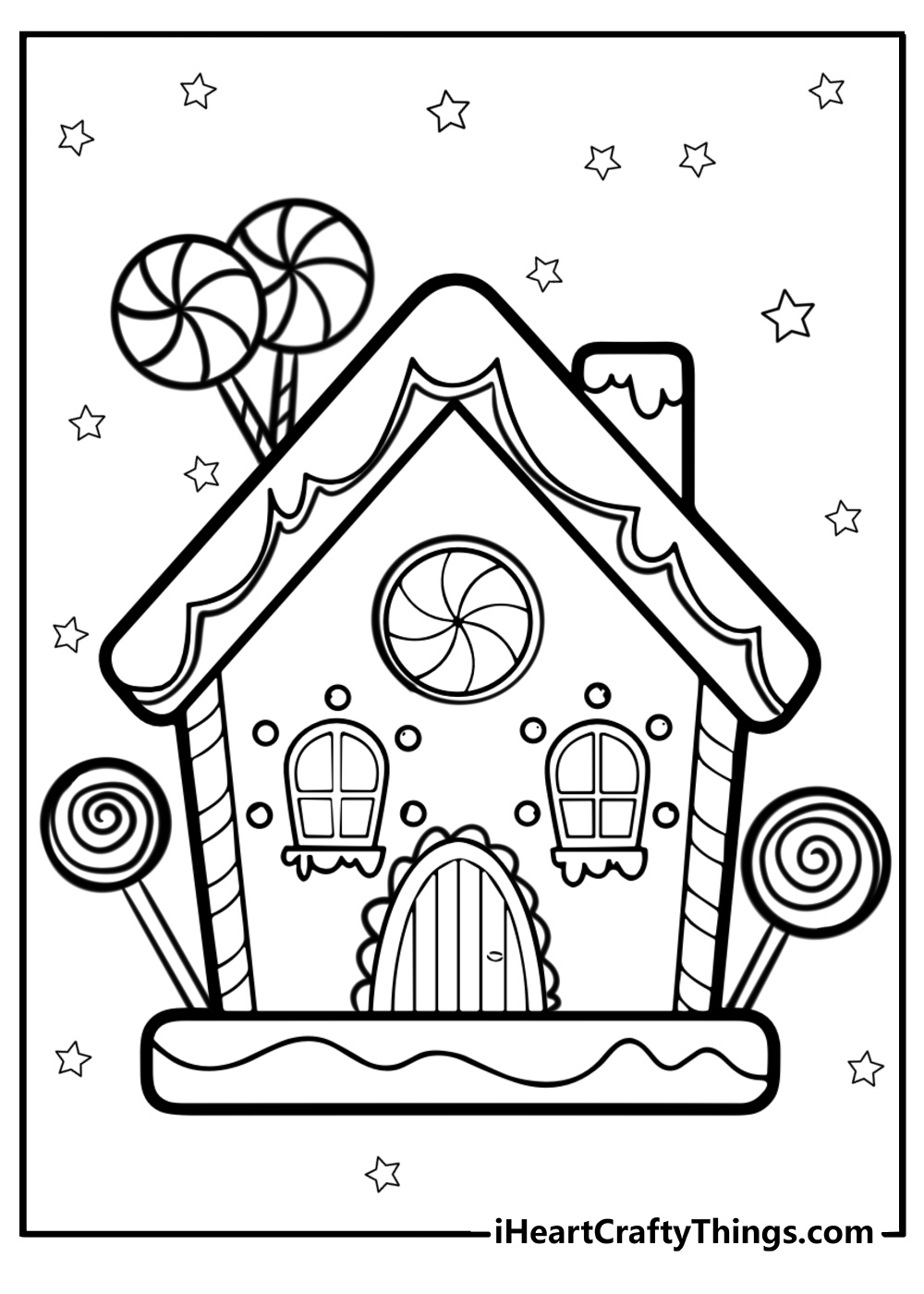 Gingerbread house with chimney and lollipops fun coloring sheet