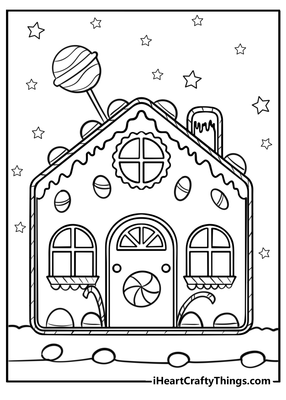 Gingerbread house with gumdrops and candy canes printable sheet