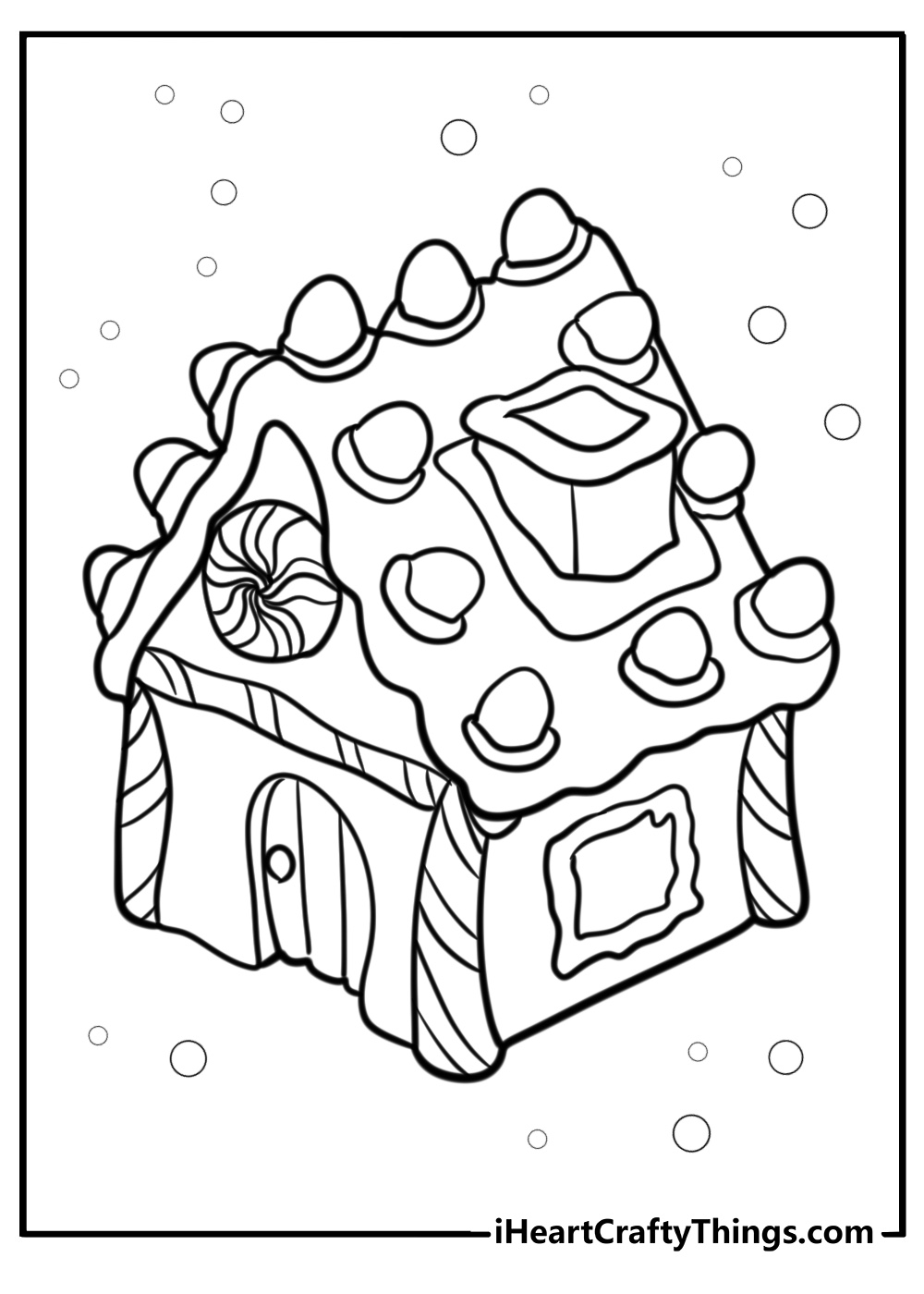 Gingerbread house with gumdrops and icing detailed coloring sheet