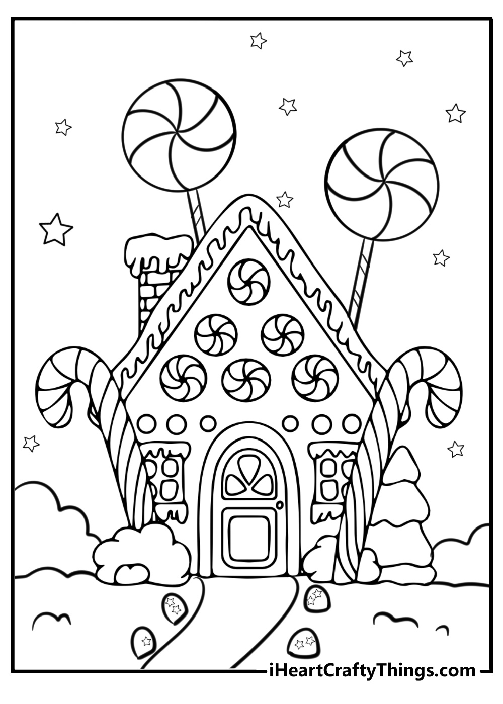 Gingerbread house with peppermint details coloring sheet