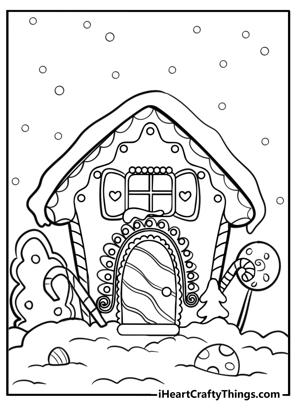 Gingerbread house with snowflakes and candy free printable sheet