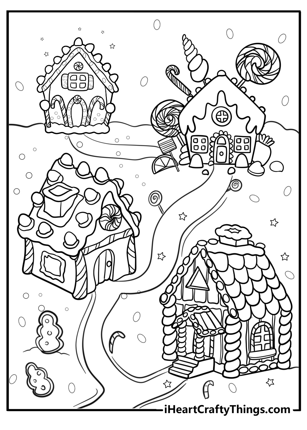 Gingerbread village scene with multiple houses coloring sheet