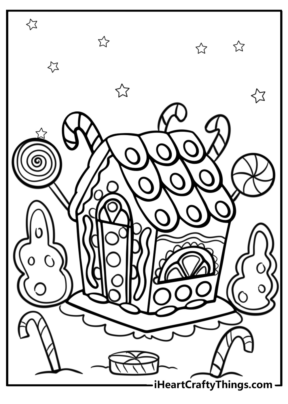 Gingerbreadhouse with candy roof and gumdrop door coloring page