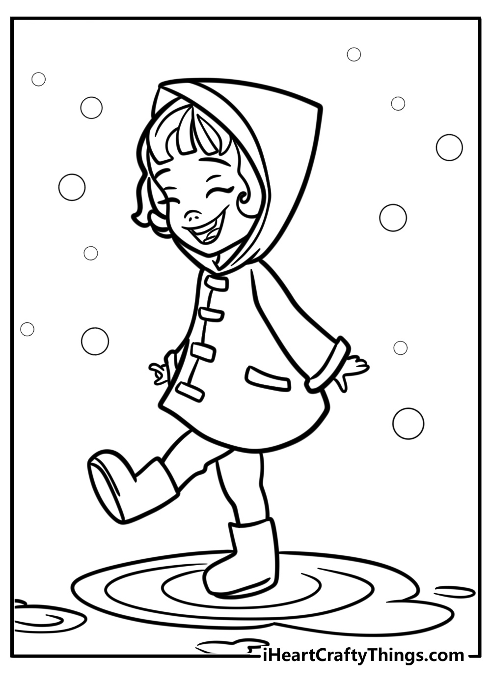 Girl splashing in a puddle free coloring page pdf