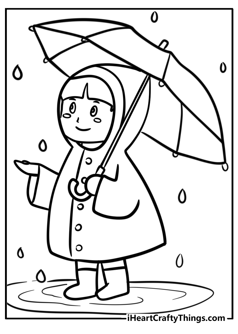 Girl with raincoat under her umbrella detailed coloring sheet