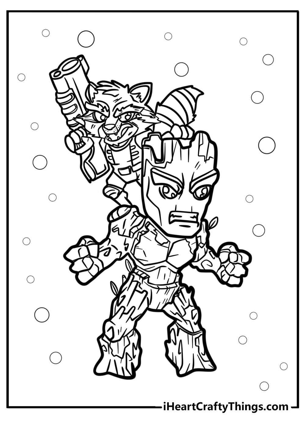 Groot and rocket raccoon together fun printable coloring sheet