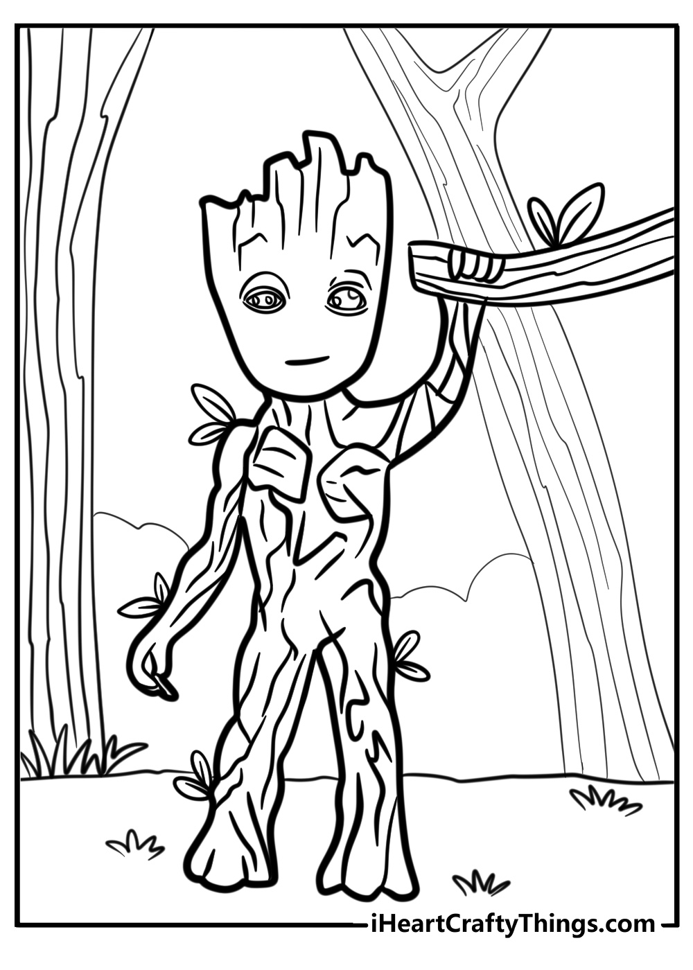 Groot holding a small branch detailed coloring page for kids