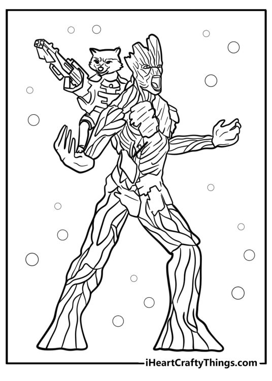 Groot protecting his friends detailed printable coloring page