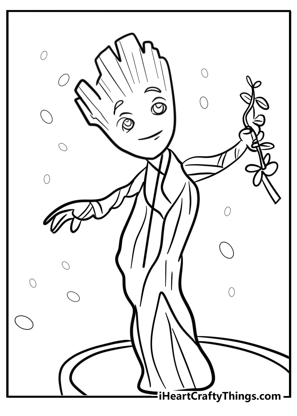 Groot smiling with leaves growing detailed coloring sheet