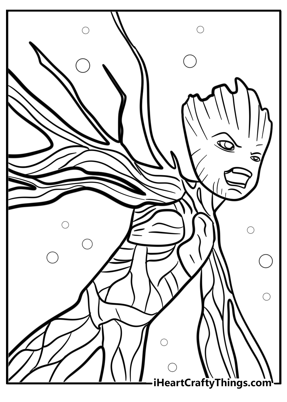 Groot with branches extending cartoon coloring page pdf