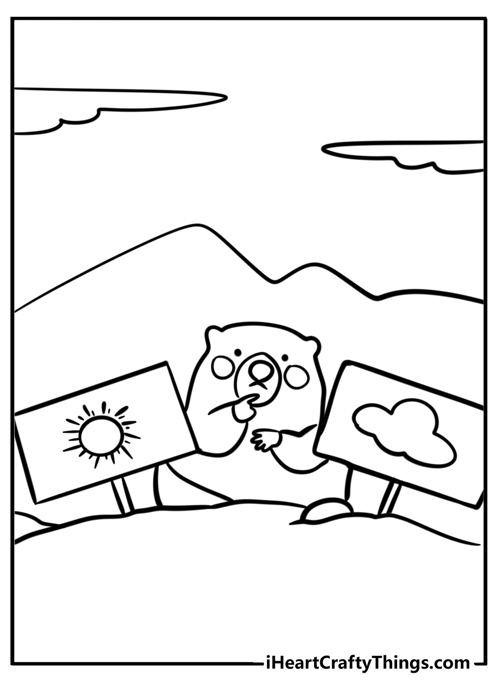 Groundhog day symbol with sun and clouds coloring page