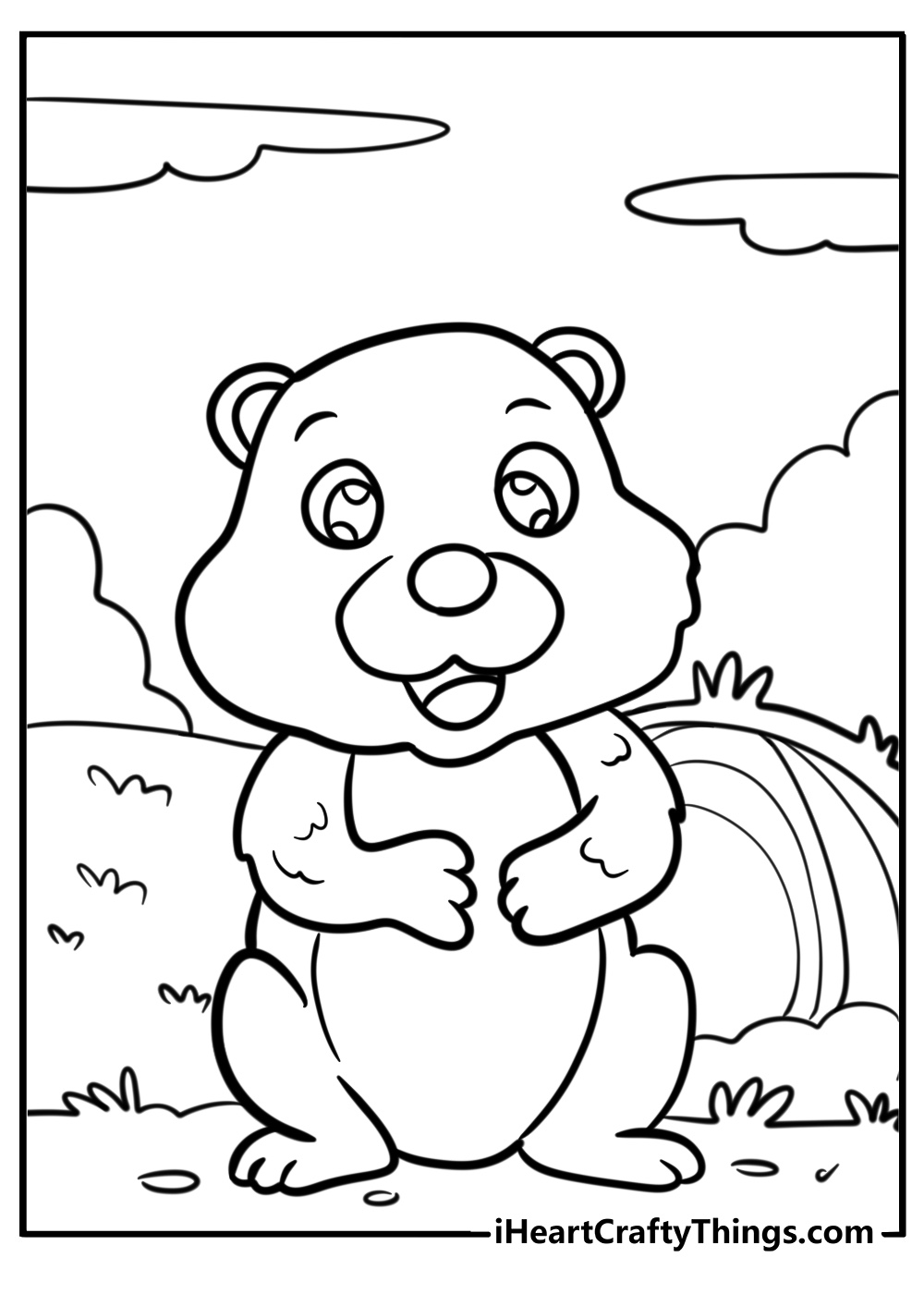 Groundhog standing in front of its burrow coloring sheet