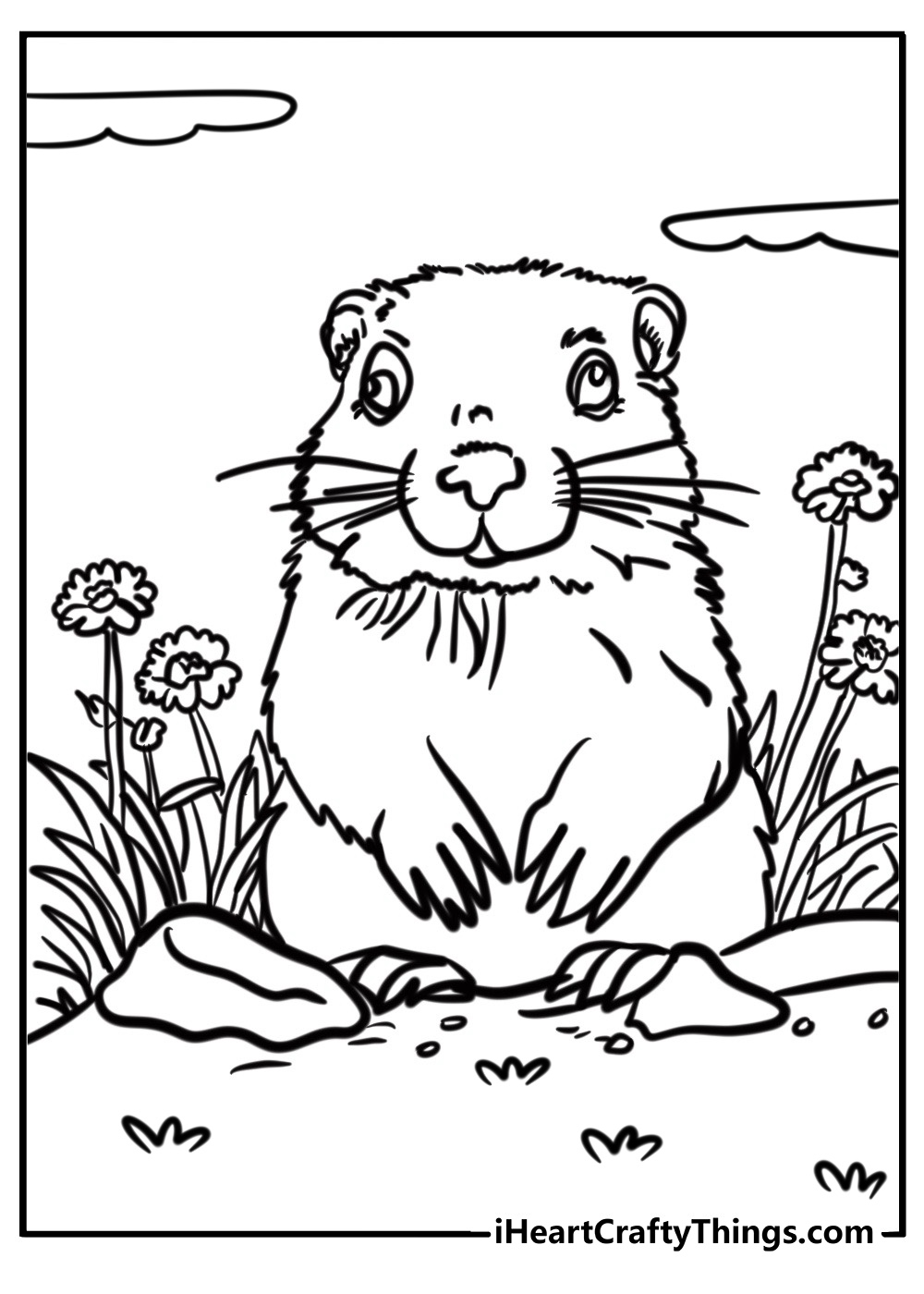 Groundhog with flowers in spring printable coloring sheet