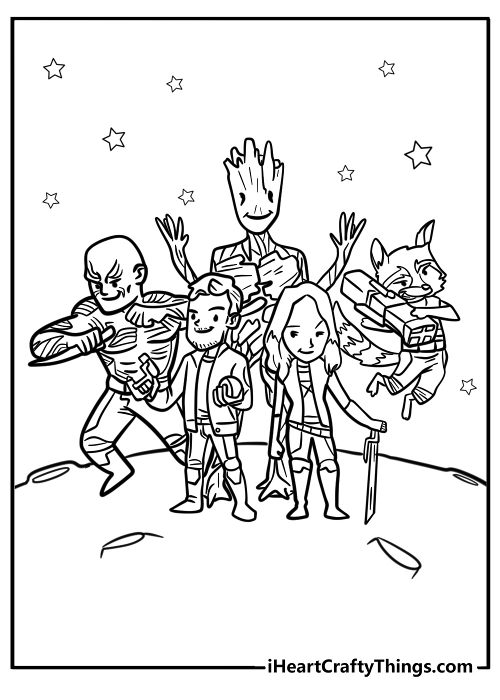 Guardians of the galaxy groot and friends free printable coloring page