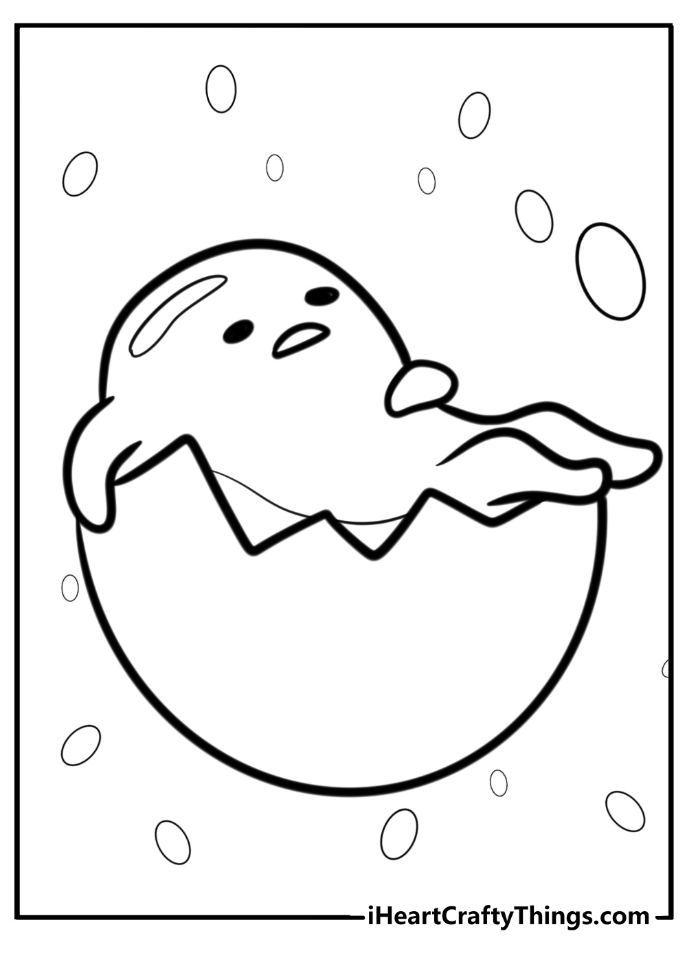 Gudetama lying in a broken eggshell coloring page for kids