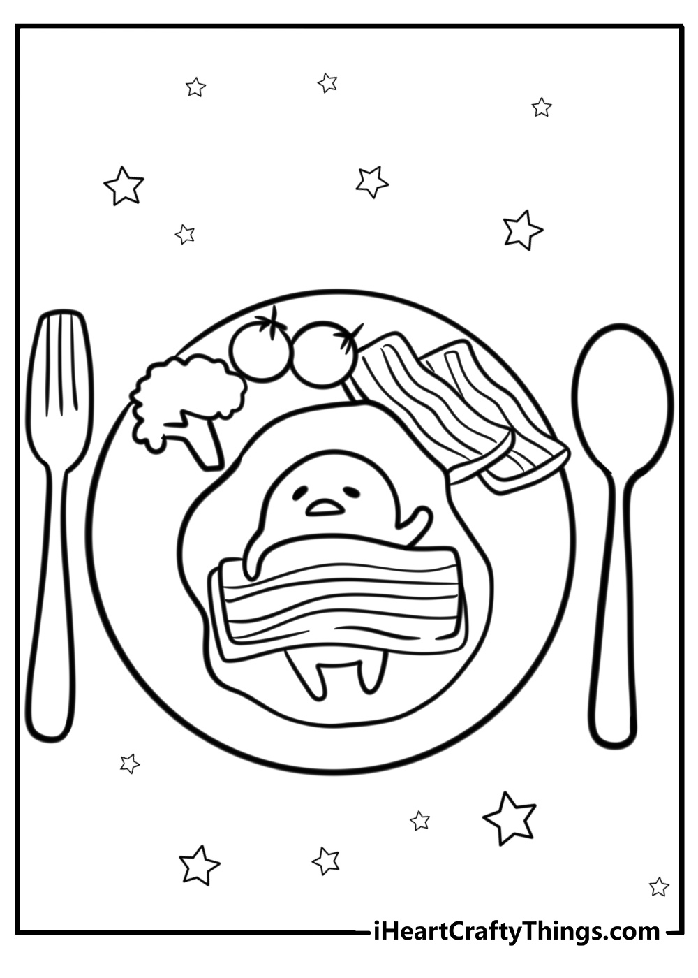 Gudetama on a plate with utensils printable coloring page