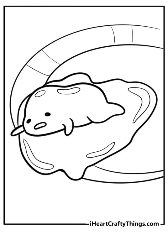 Gudetama stretching out in a frying pan coloring page for kids