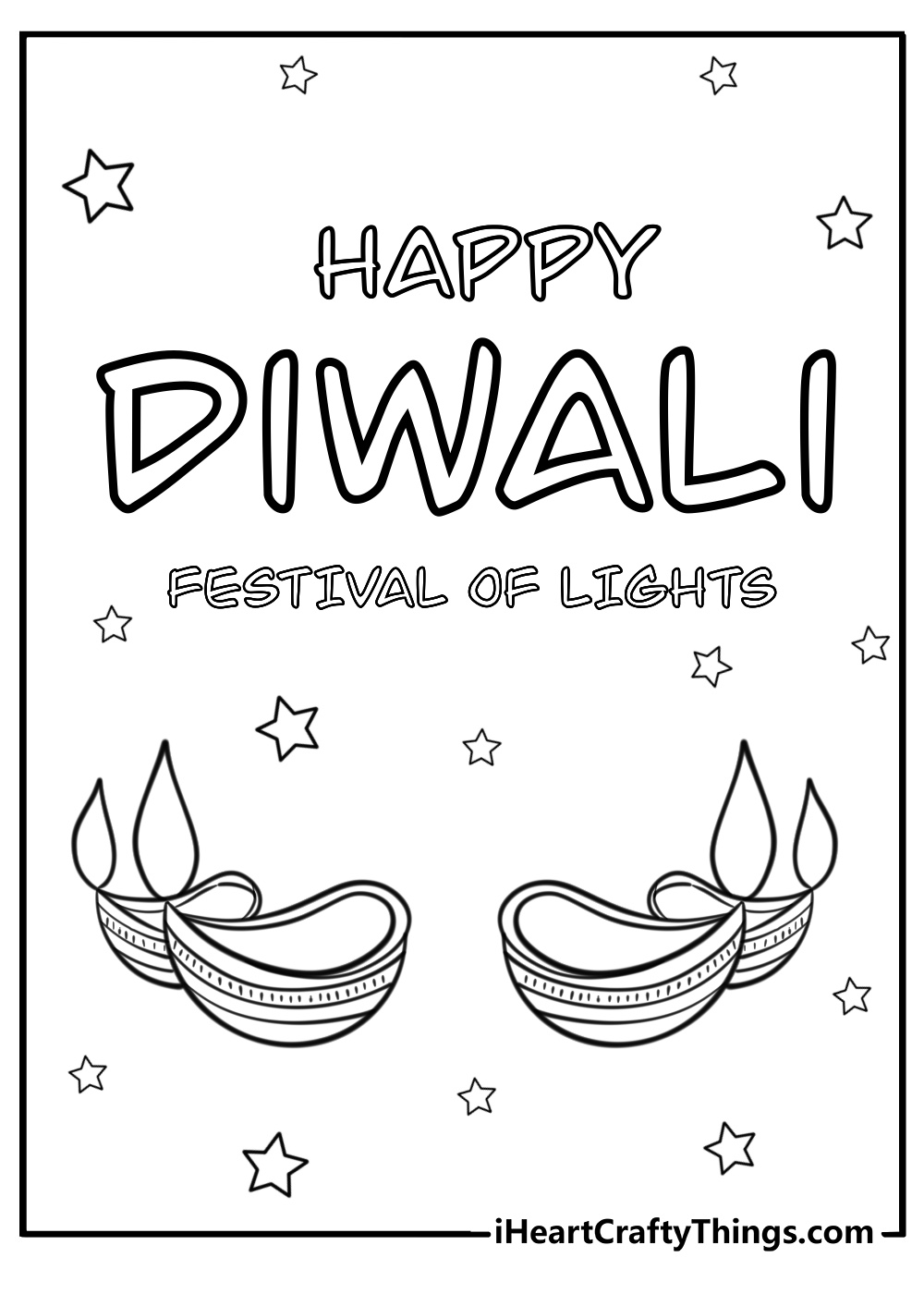 Happy diwali greeting with lamps coloring page for kids