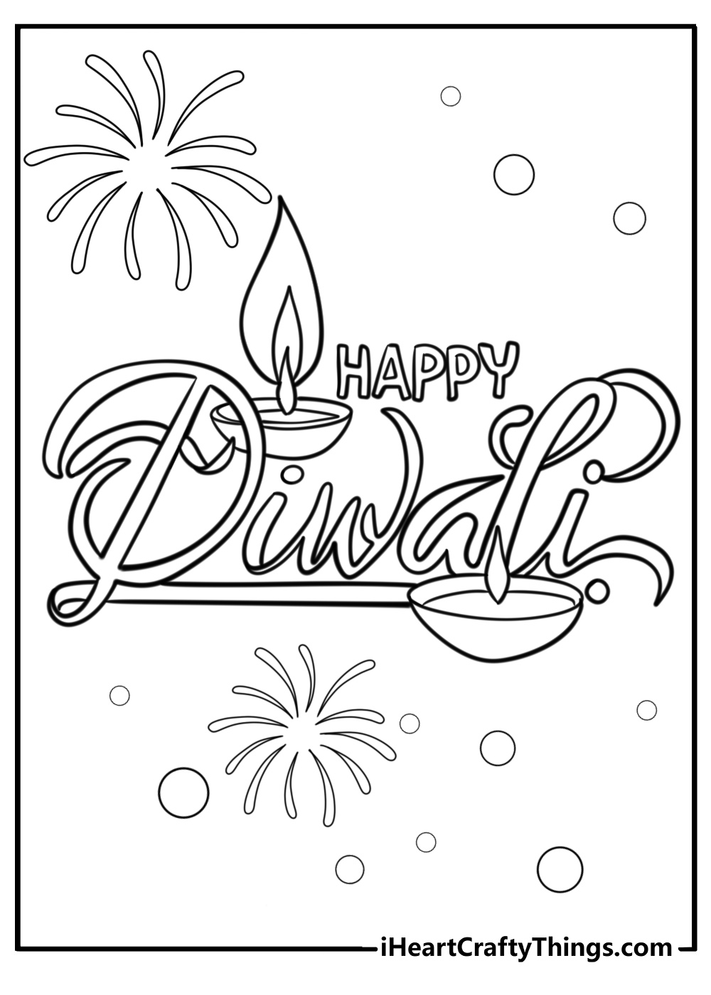 Happy diwali message with traditional lamps printable coloring page