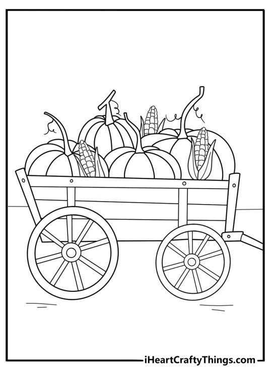 harvest wagon filled with pumpkins corn and squash printable coloring sheet