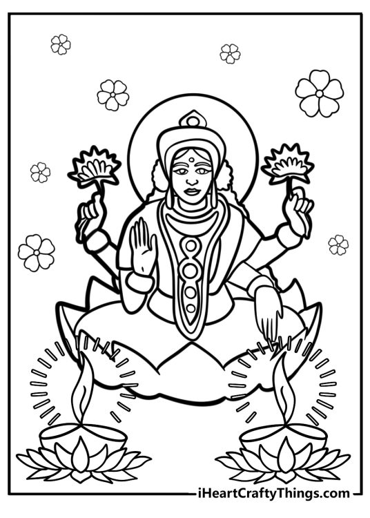 Hindu goddess lakshmi blessing with diya coloring page