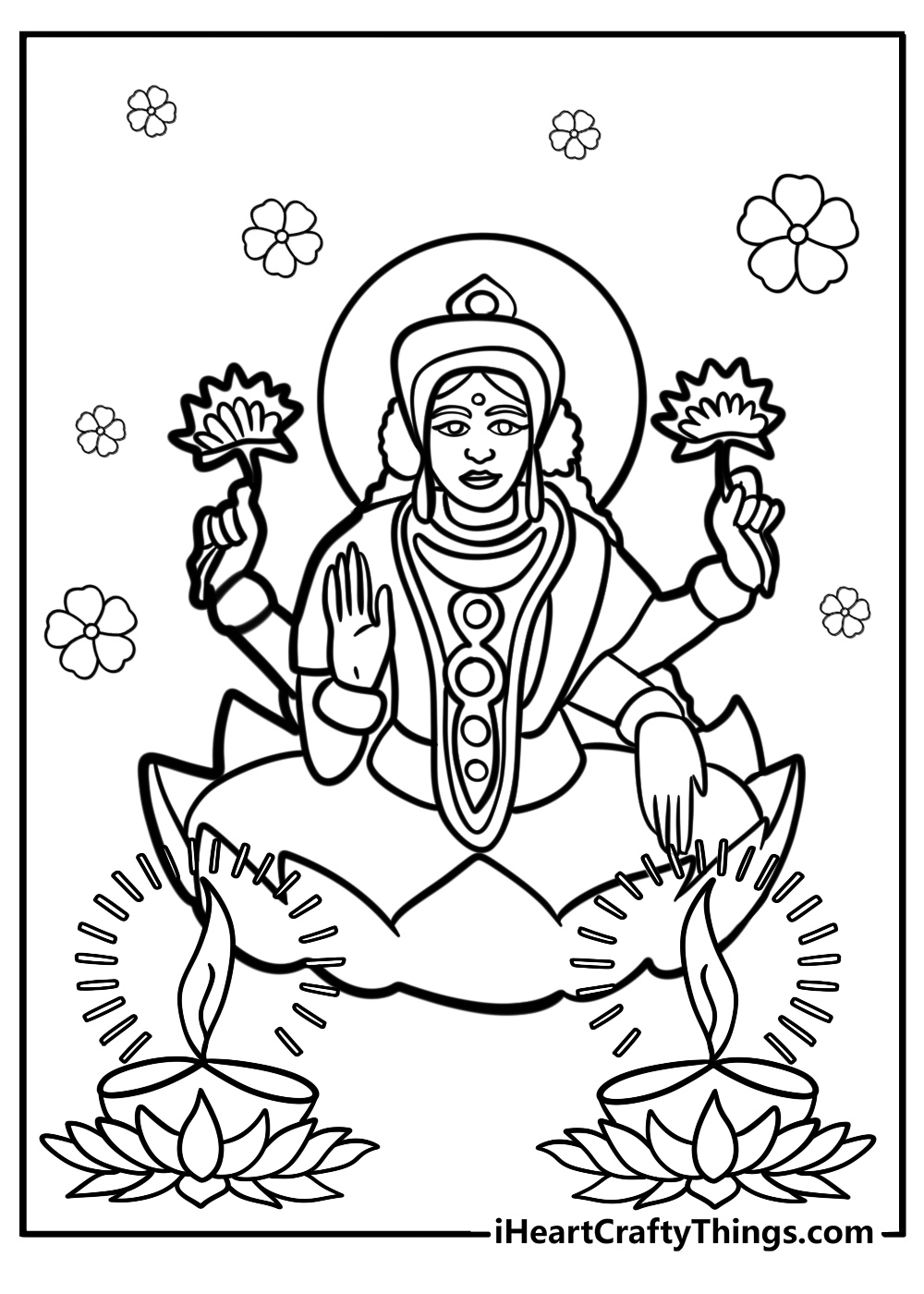 Hindu goddess lakshmi blessing with diya coloring page