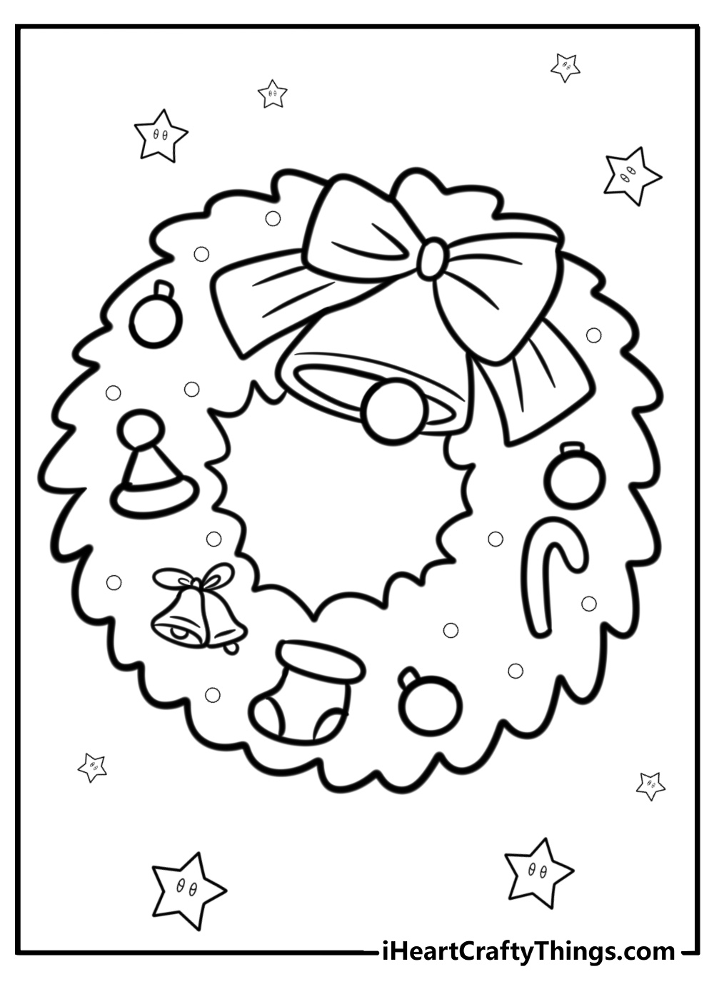 Holiday wreath with bells and lights detailed coloring page