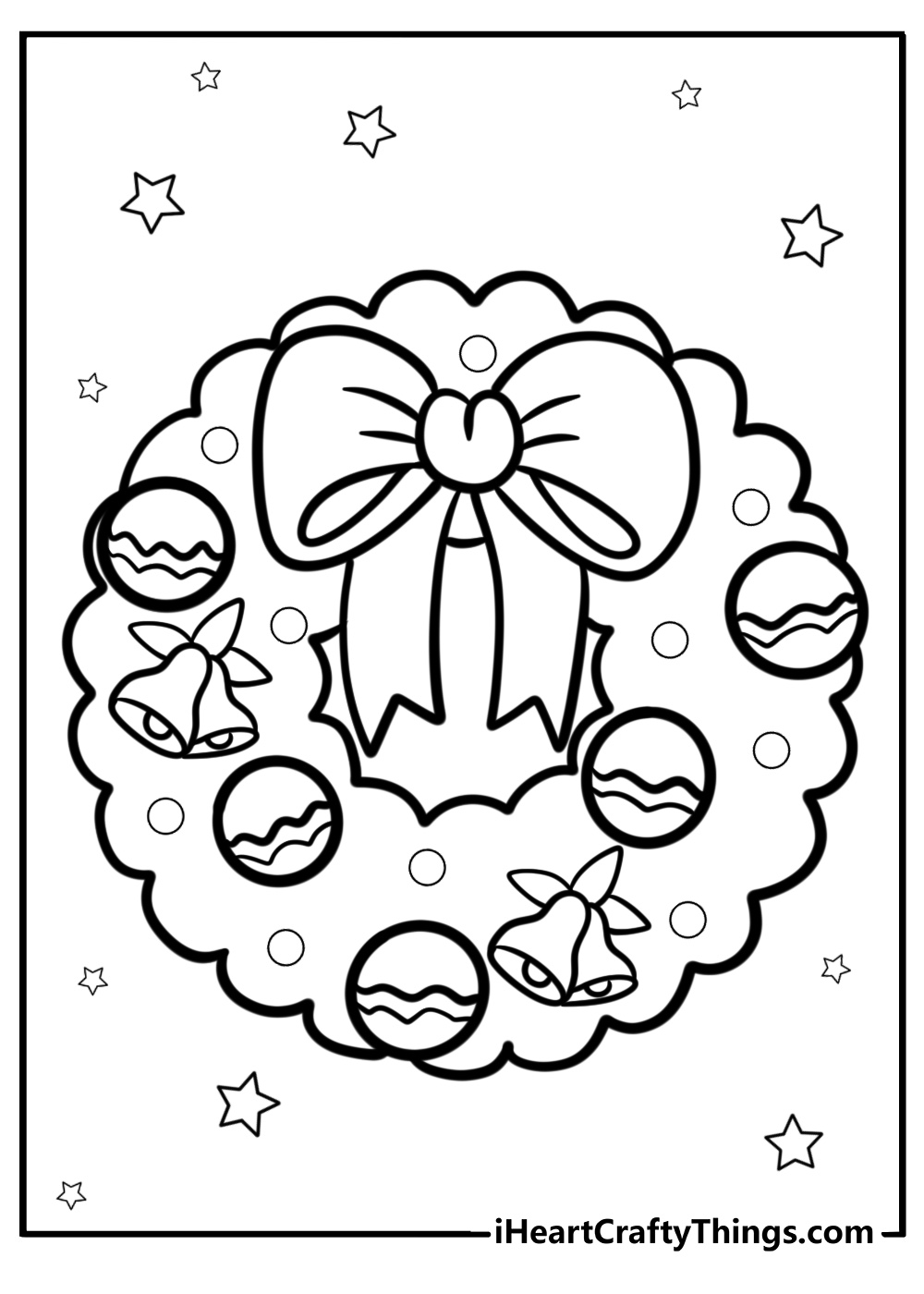 Holiday wreath with festive ornaments free coloring page