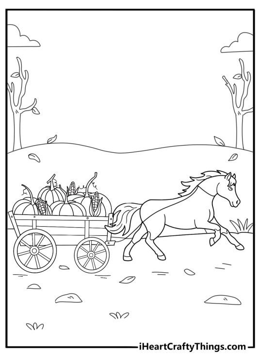 horse pulling wagon with harvest food printable thanksgiving coloring page