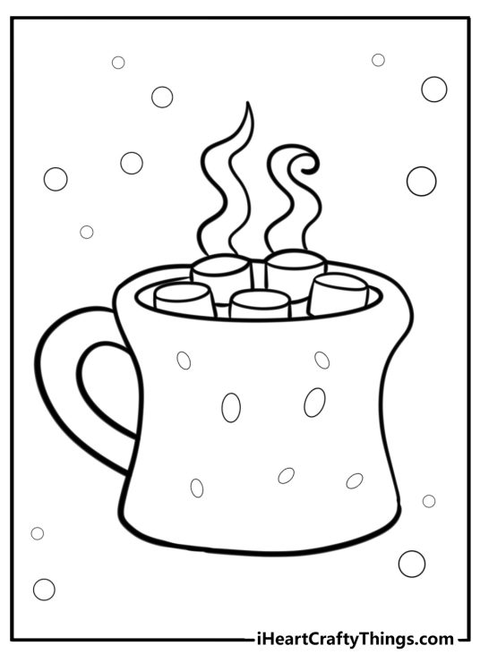 Christmas-themed printable sheet for kids depicting a cup of hot cocoa with marshmallows