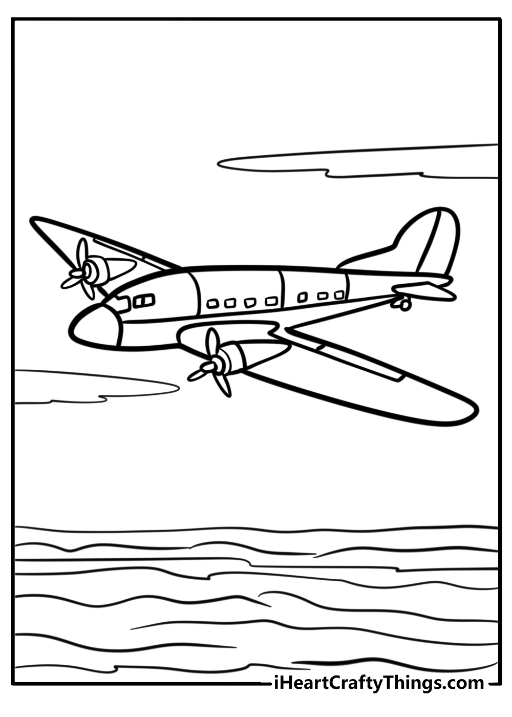 Jet flying above the ocean fun coloring sheet