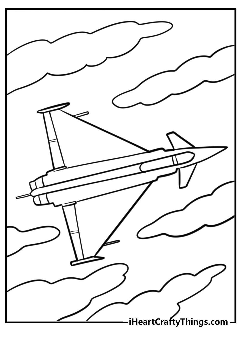 Jet flying in a cloudy sky detailed coloring page