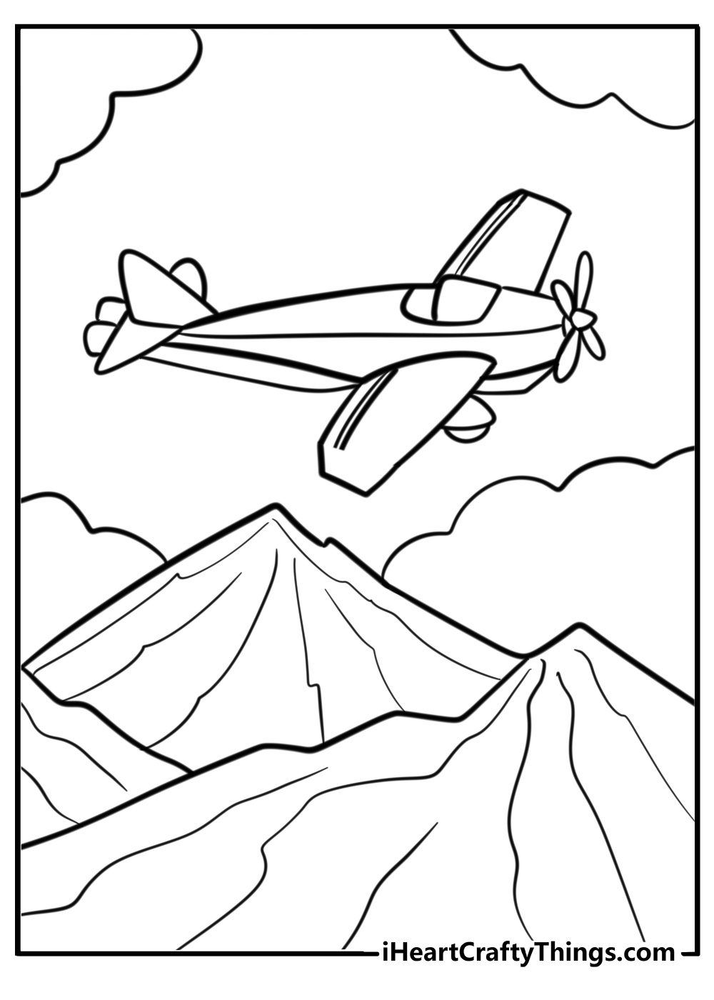 Jet flying over mountains fun coloring sheet