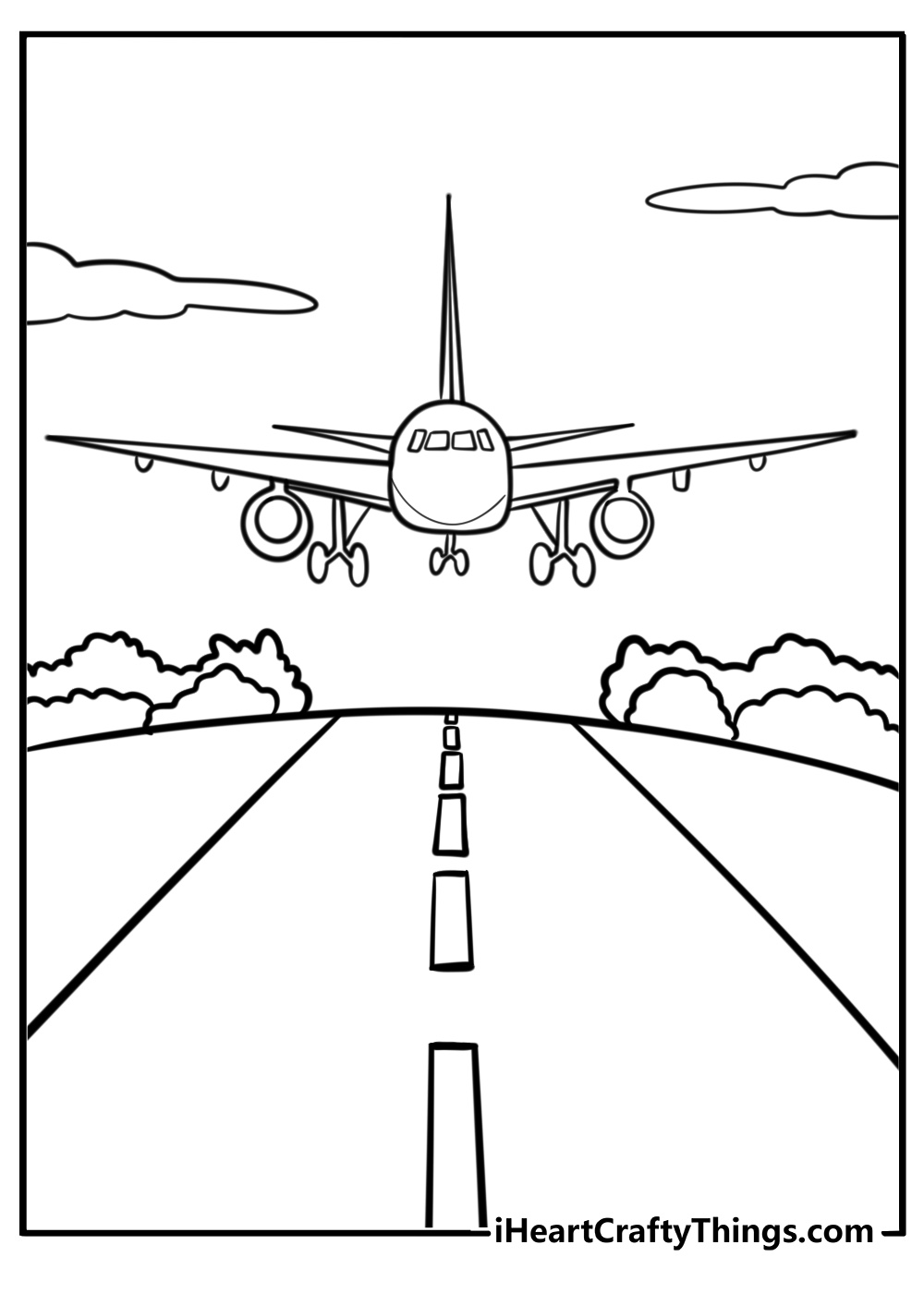 Jet landing on a runway printable coloring page