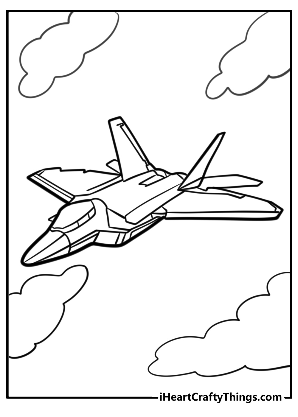 Jet plane soaring through the clouds coloring page for kids