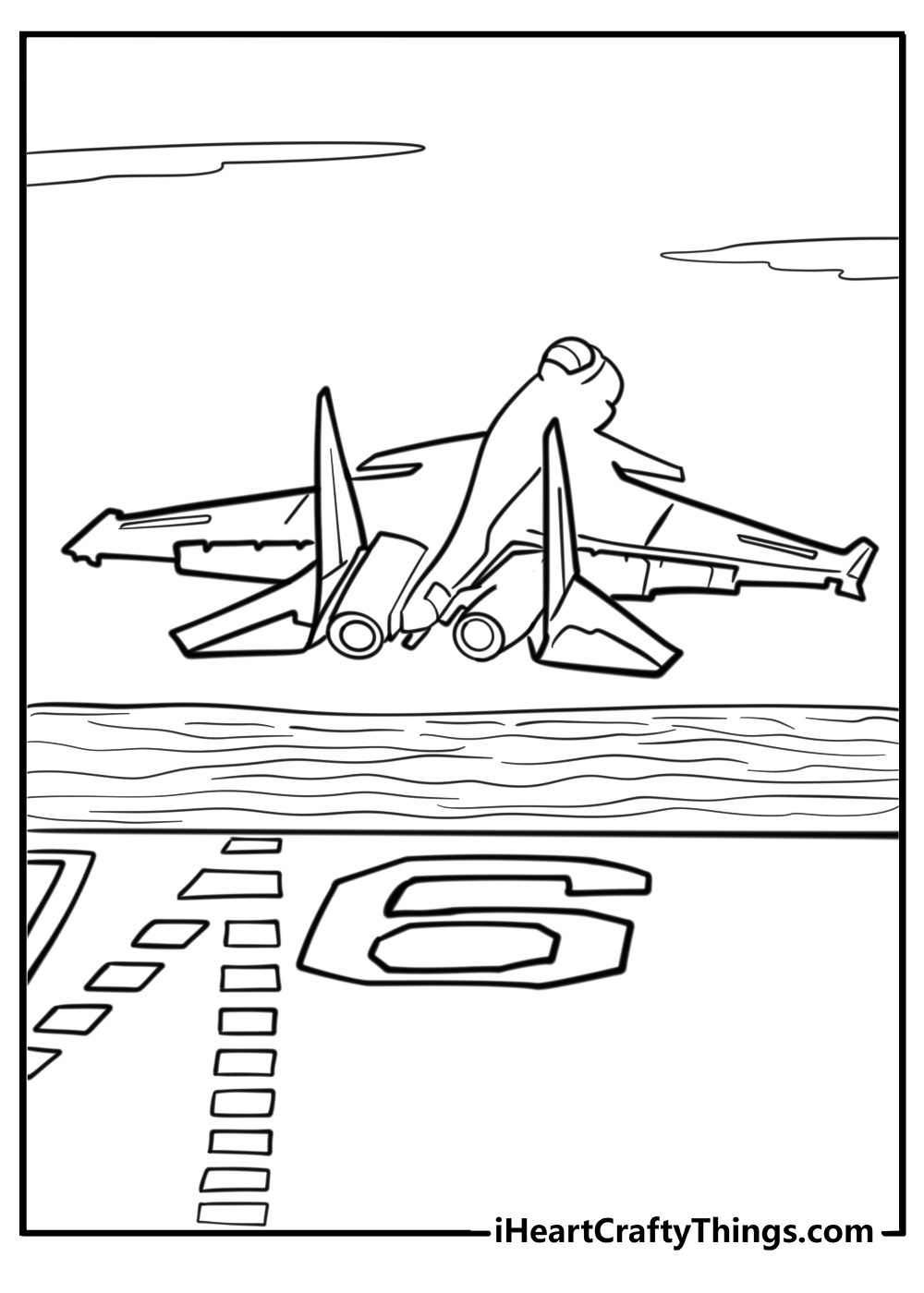 Jet taking off from an aircraft carrier free printable coloring page