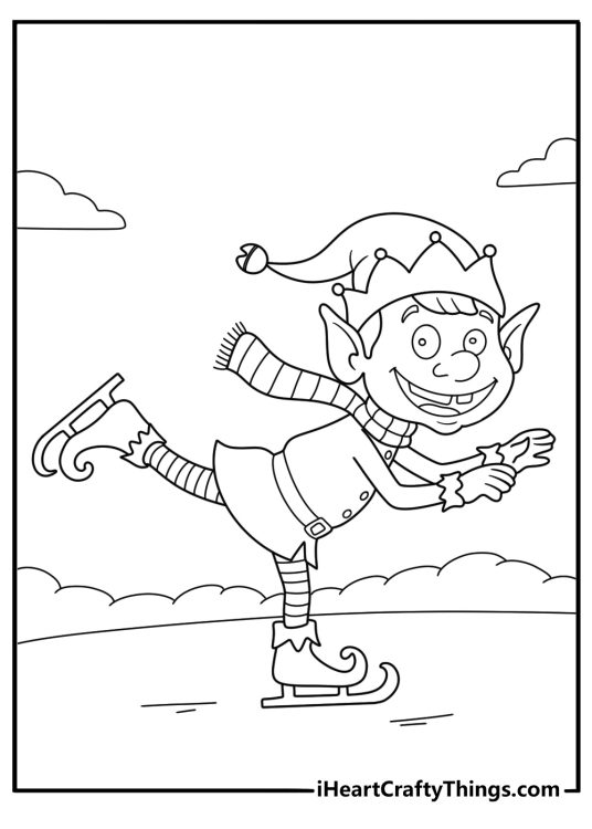 kawaii christmas elf easy coloring page ice skating on a frozen pond wearing earmuffs