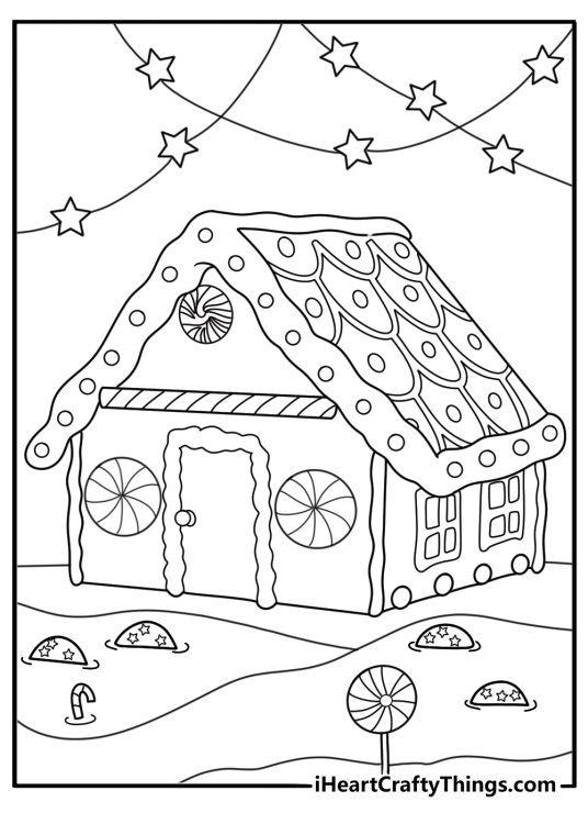kawaii gingerbread house coloring page for adults with swirl windows and star garland printable pdf