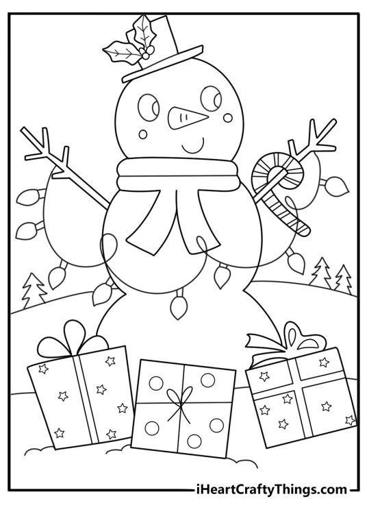 kawaii snowman coloring page tiny snowman with big round eyes next to a gift box